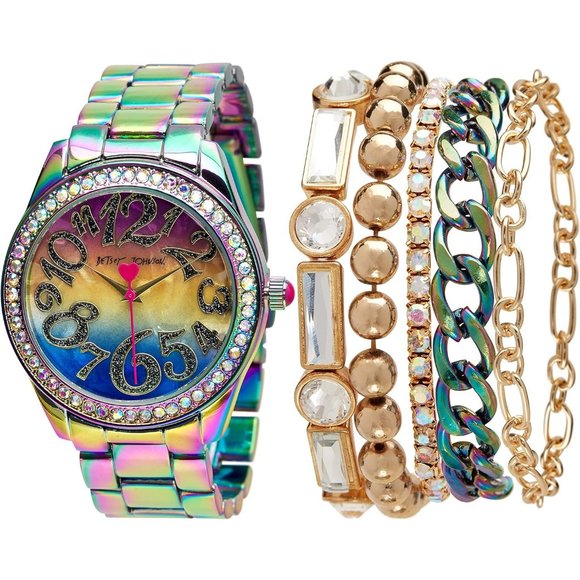 Women's Link Band Wristwatch with Stacked Bracelets and Easy Read Dial - Picture 1 of 8